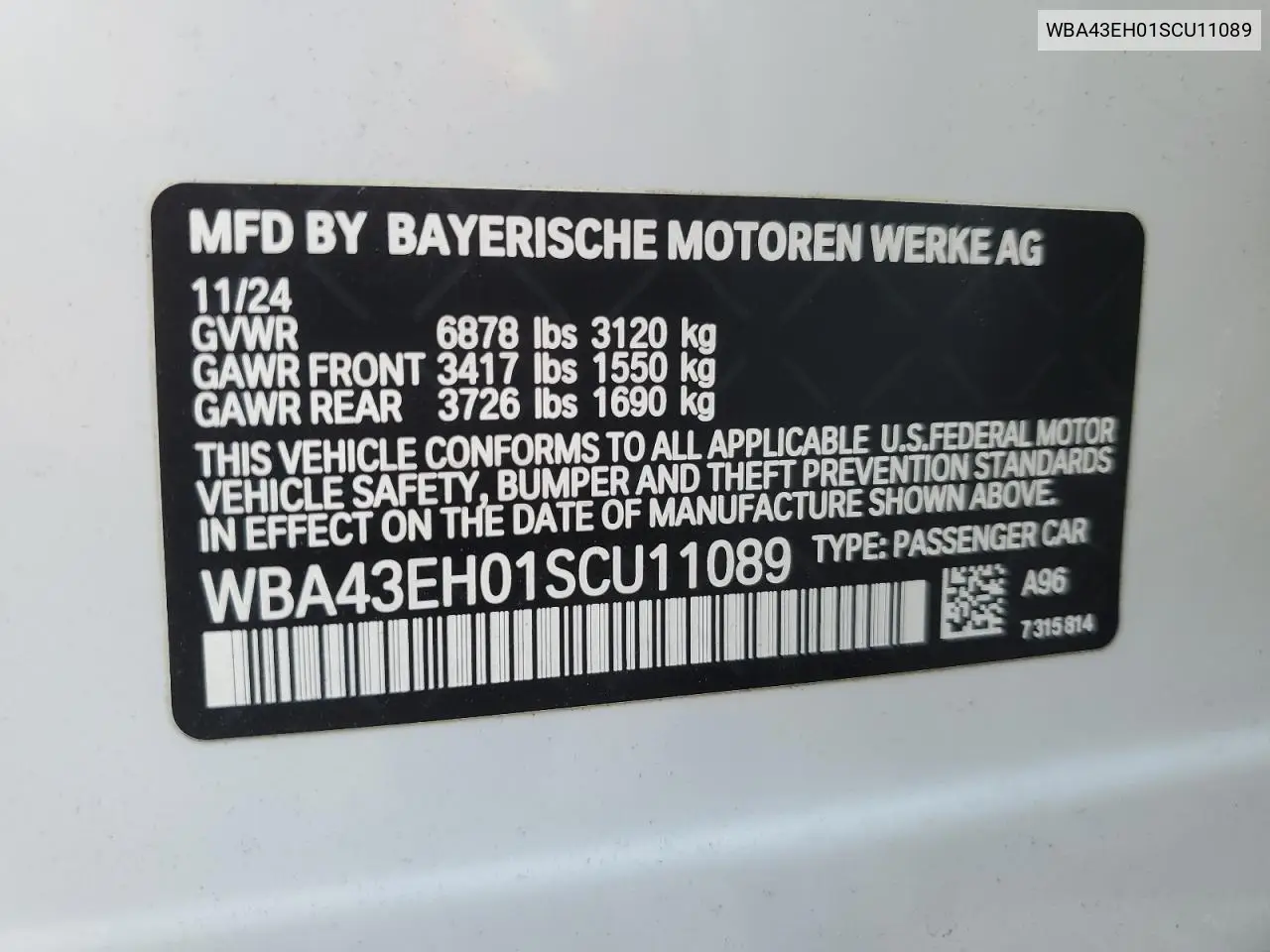 Auction sale of the 2025 BMW 7er , vin: WBA43EH01SCU11089, lot number: 54537275