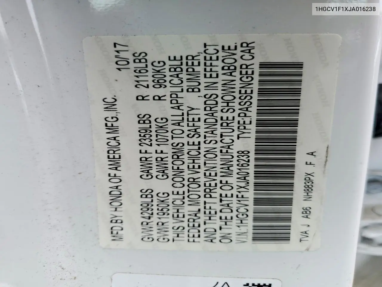 Auction sale of the 2018 Honda Accord , vin: 1HGCV1F1XJA016238, lot number: 79898115