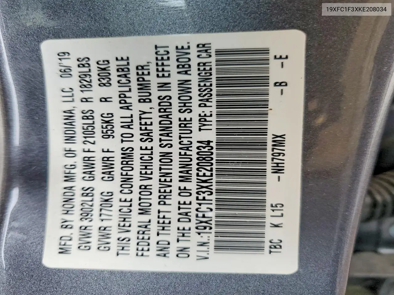 Auction sale of the 2019 Honda Civic , vin: 19XFC1F3XKE208034, lot number: 77992675
