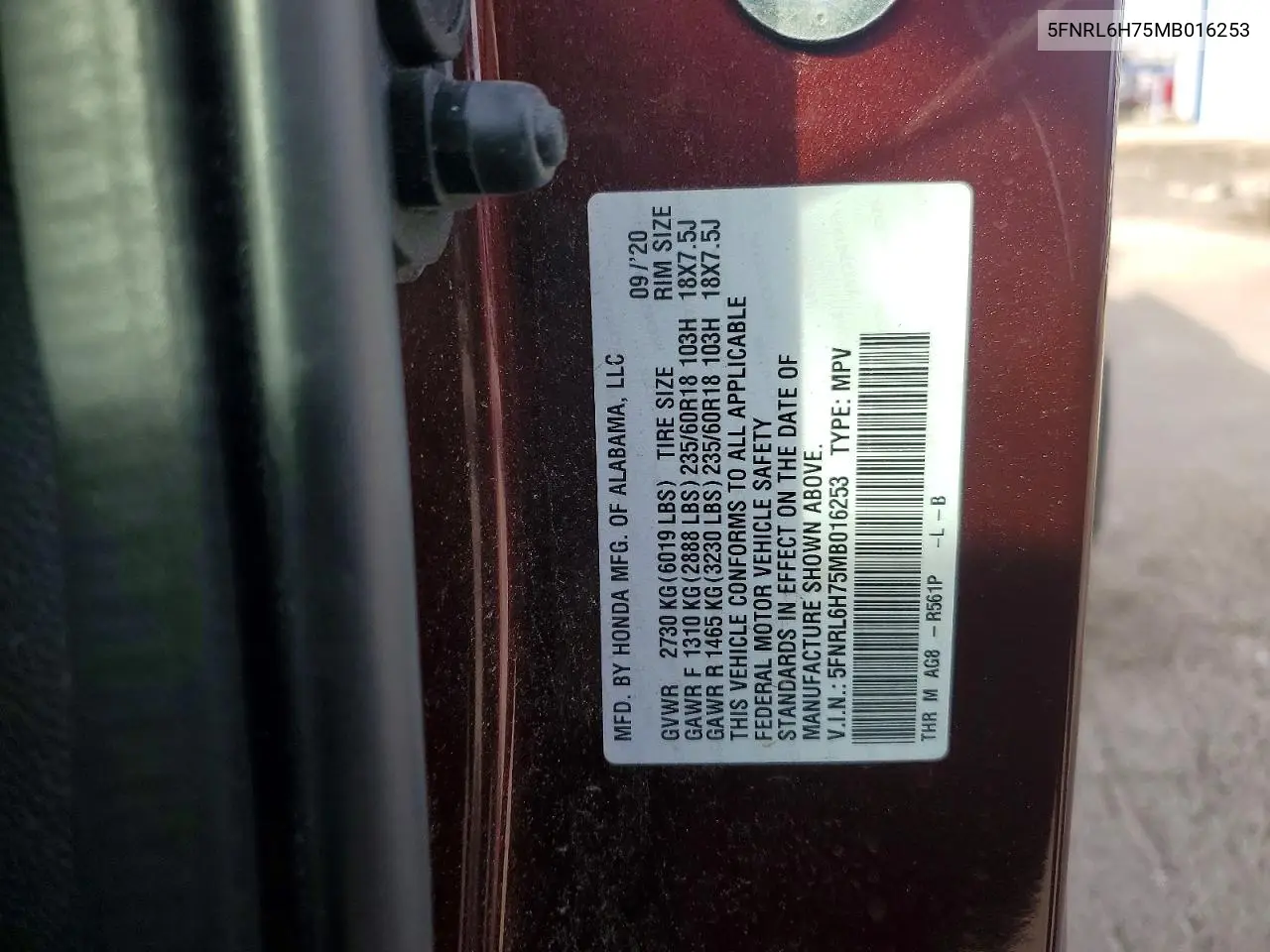 Auction sale of the 2021 Honda Odyssey , vin: 5FNRL6H75MB016253, lot number: 46905166