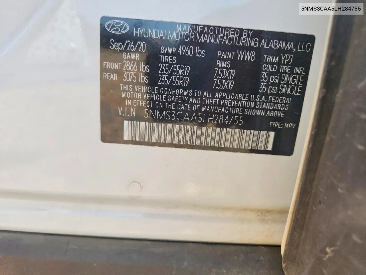 Auction sale of the 2020 Hyundai Santa Fe , vin: 5NMS3CAA5LH284755, lot number: 59066946