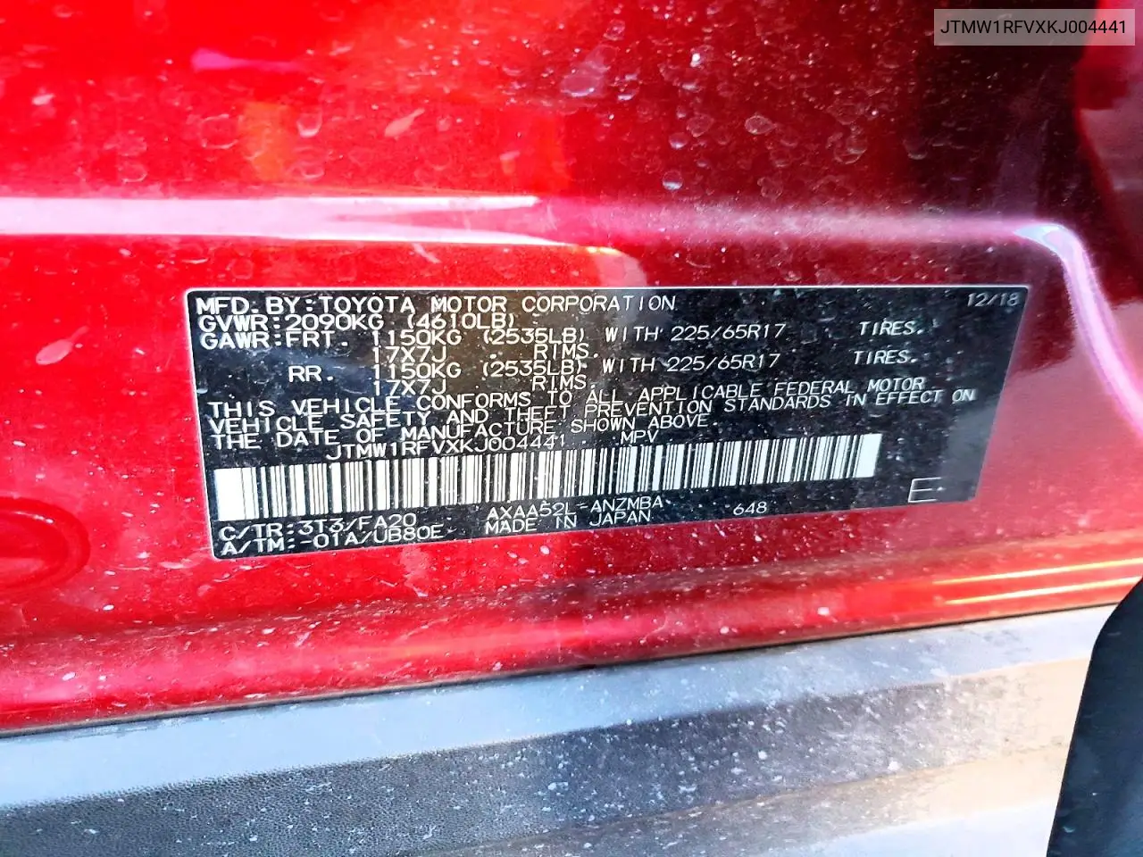 Auction sale of the 2019 Toyota RAV 4 , vin: JTMW1RFVXKJ004441, lot number: 98814635