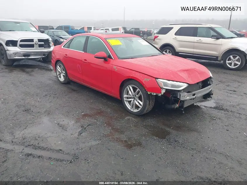 Auction sale of the 2024 Audi A4 , vin: WAUEAAF49RN006671, lot number: 44518154