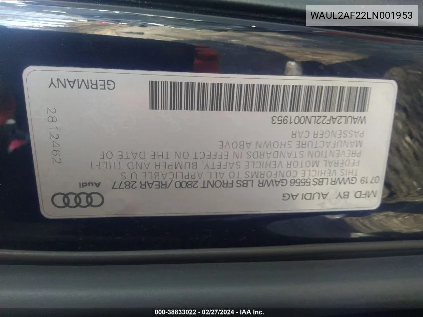 Auction sale of the 2020 Audi A6 , vin: WAUL2AF22LN001953, lot number: 38833022