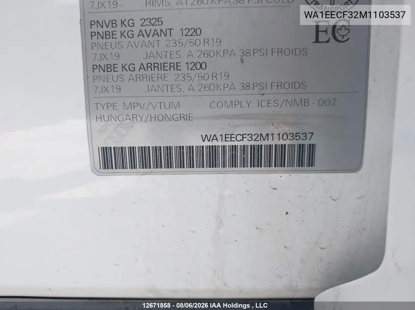 Auction sale of the 2021 Audi Q3 , vin: WA1EECF32M1103537, lot number: 12671858