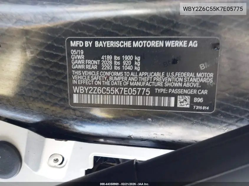 Auction sale of the 2019 BMW i8 , vin: WBY2Z6C55K7E05775, lot number: 44358969