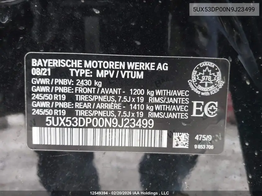 Auction sale of the 2022 BMW X3 , vin: 5UX53DP00N9J23499, lot number: 12549394