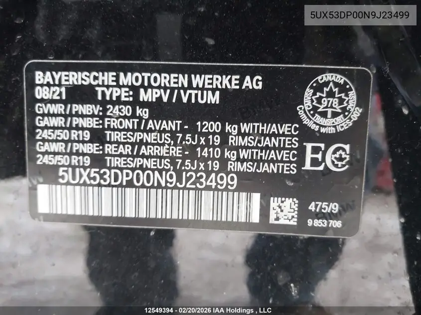 Auction sale of the 2022 BMW X3 , vin: 5UX53DP00N9J23499, lot number: 12549394
