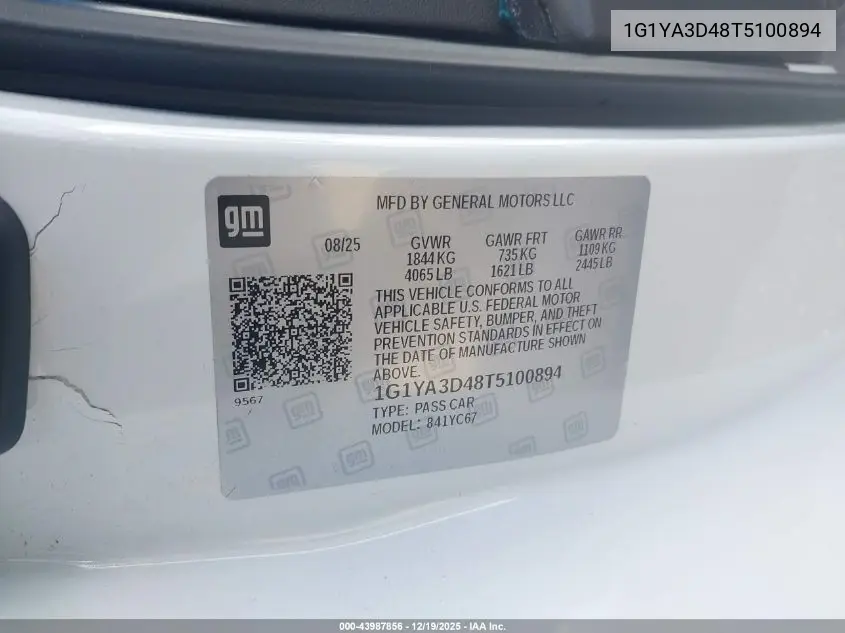Auction sale of the 2026 Chevrolet Corvette , vin: 1G1YA3D48T5100894, lot number: 43987856