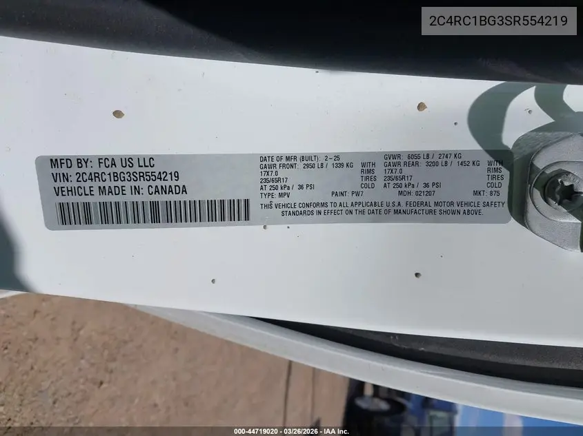 Auction sale of the 2025 Chrysler Pacifica , vin: 2C4RC1BG3SR554219, lot number: 44719020