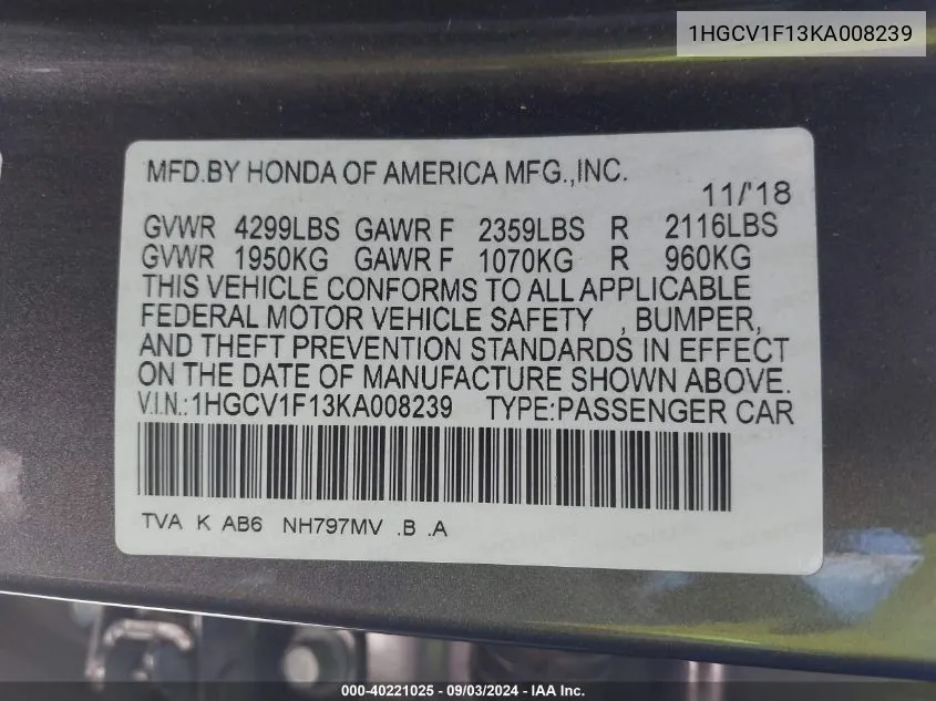 Auction sale of the 2019 Honda Accord , vin: 1HGCV1F13KA008239, lot number: 40221025