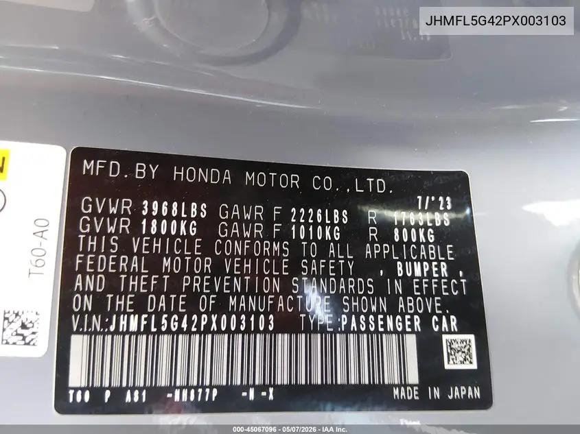 Auction sale of the 2023 Honda Civic Type R , vin: JHMFL5G42PX003103, lot number: 45067096