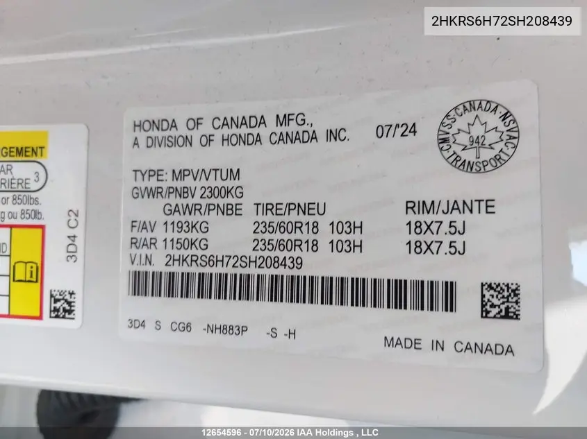 Auction sale of the 2025 Honda CR V , vin: 2HKRS6H72SH208439, lot number: 12654596