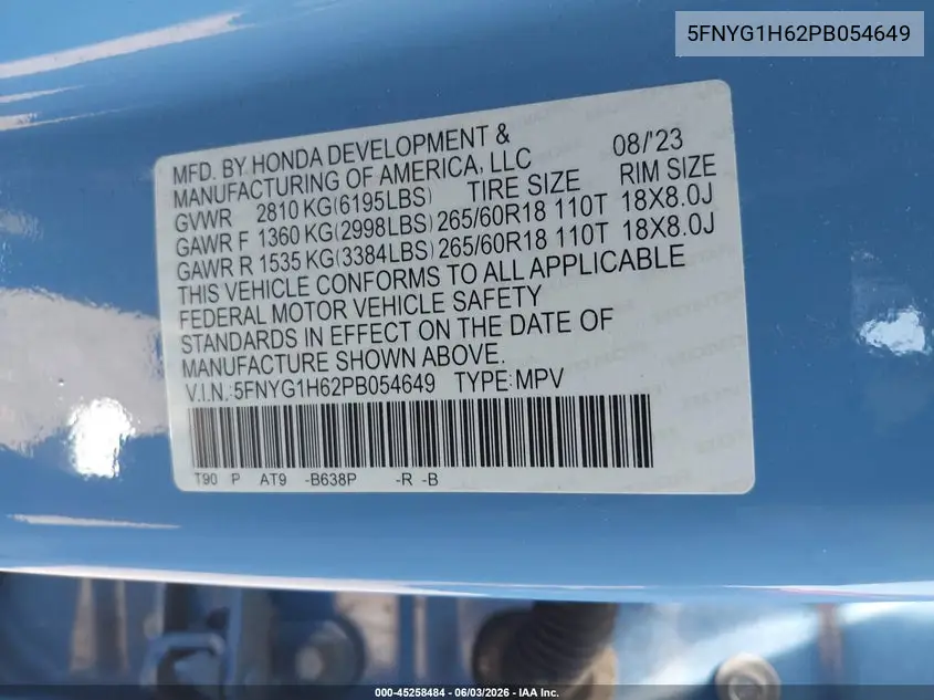 Auction sale of the 2023 Honda Pilot , vin: 5FNYG1H62PB054649, lot number: 45258484