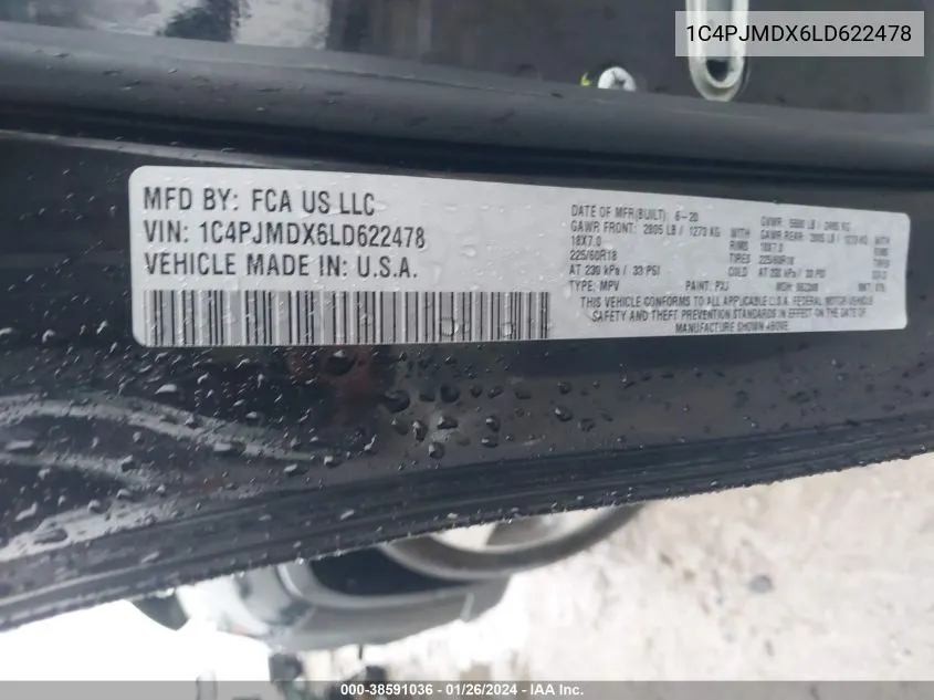 Auction sale of the 2020 Jeep Cherokee , vin: 1C4PJMDX6LD622478, lot number: 38591036