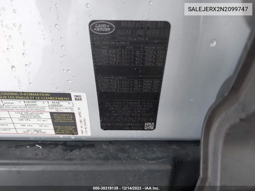 Auction sale of the 2022 Land Rover Defender , vin: SALEJERX2N2099747, lot number: 38319139