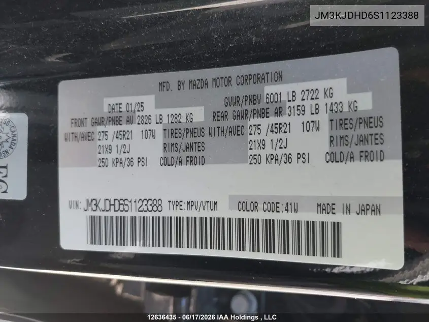 Auction sale of the 2025 Mazda CX 70 , vin: JM3KJDHD6S1123388, lot number: 12636435