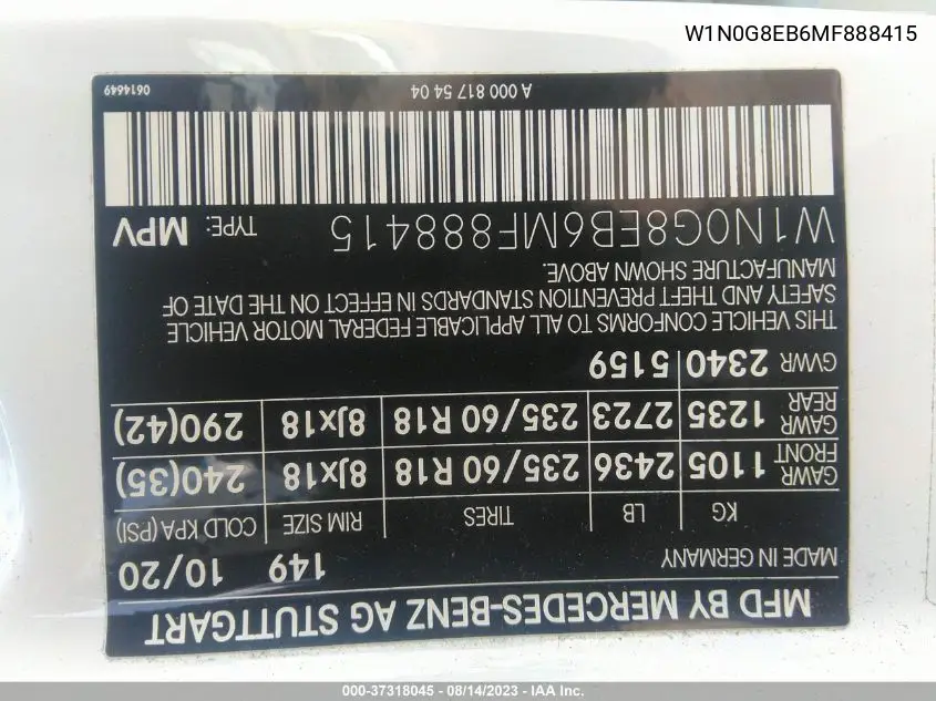 Auction sale of the 2021 Mercedes Benz GLC , vin: W1N0G8EB6MF888415, lot number: 37318045