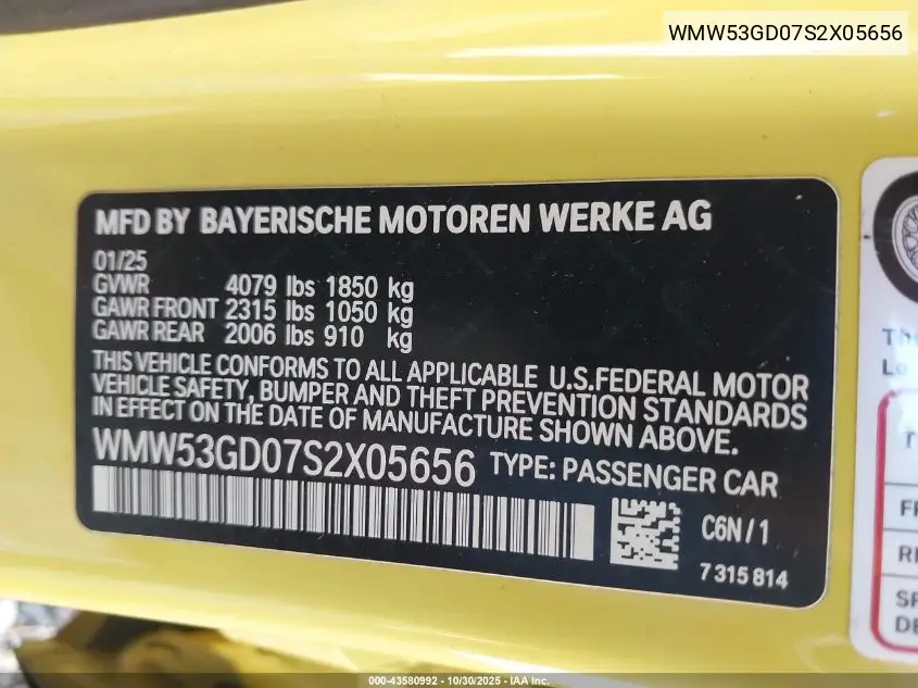 Auction sale of the 2025 MINI Hard top , vin: WMW53GD07S2X05656, lot number: 43580992