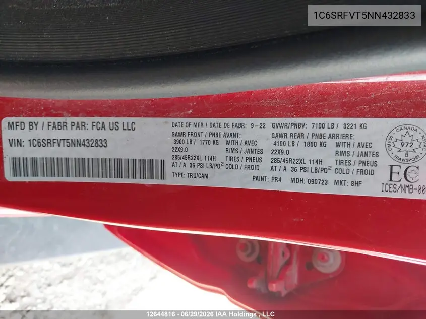 Auction sale of the 2022 RAM 1500 , vin: 1C6SRFVT5NN432833, lot number: 12644816