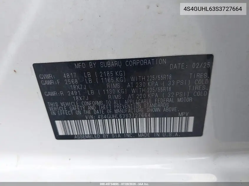 Auction sale of the 2025 Subaru XV , vin: 4S4GUHL63S3727664, lot number: 45734695