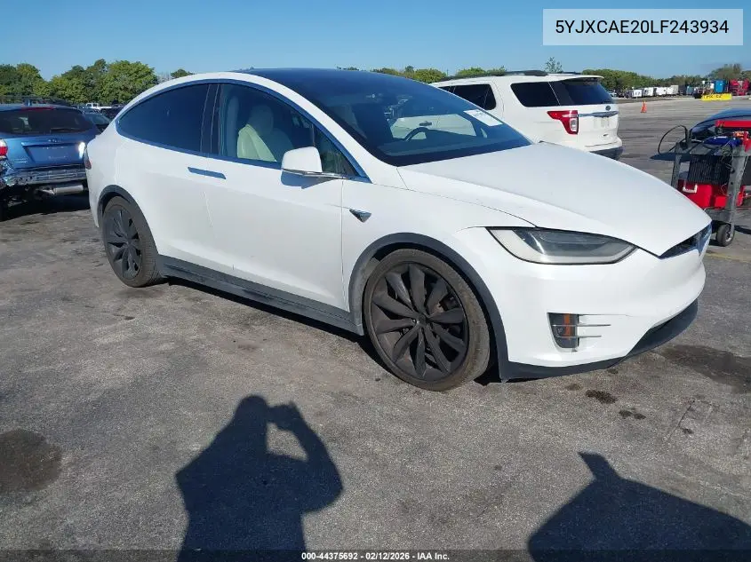 Auction sale of the 2020 Tesla Model X , vin: 5YJXCAE20LF243934, lot number: 44375692