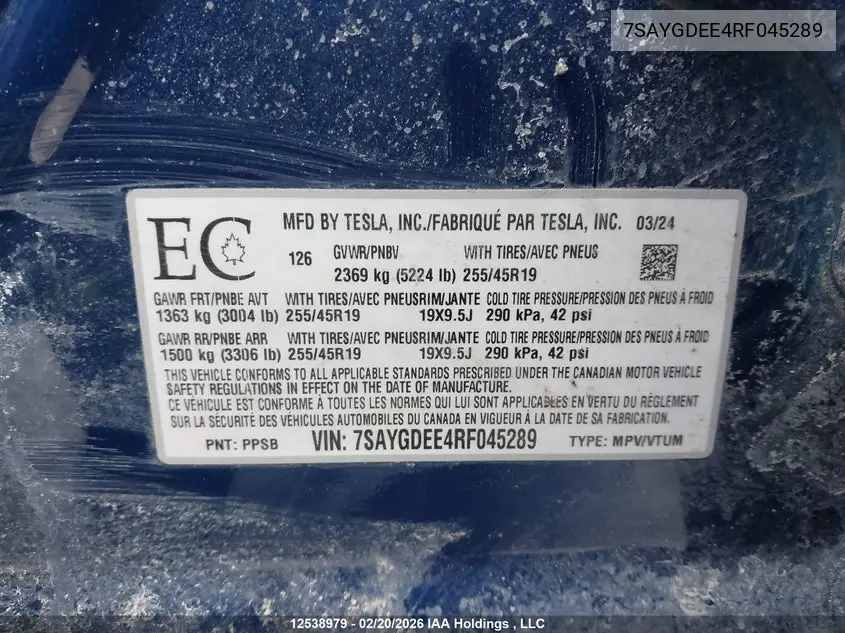 Auction sale of the 2024 Tesla Model Y , vin: 7SAYGDEE4RF045289, lot number: 12538979