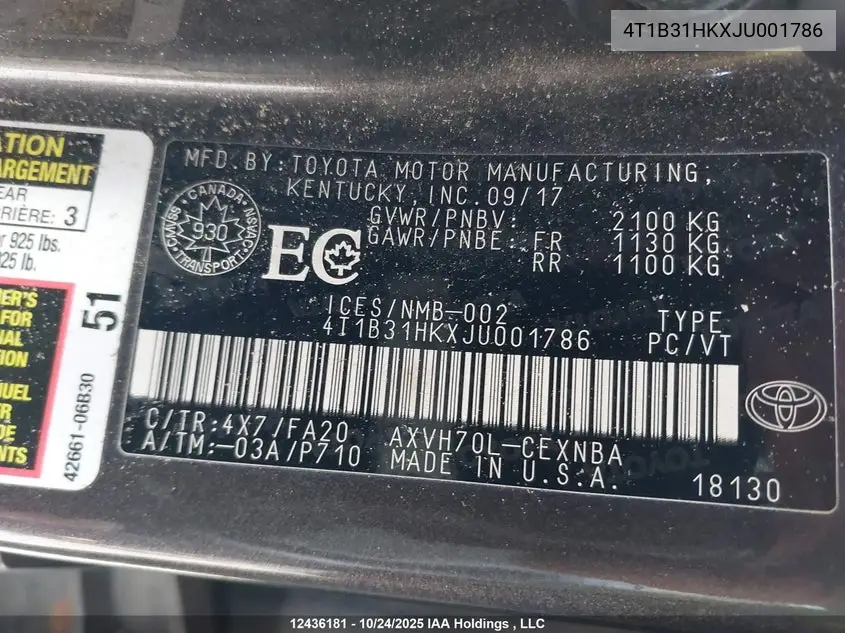 Auction sale of the 2018 Toyota Camry , vin: 4T1B31HKXJU001786, lot number: 12436181