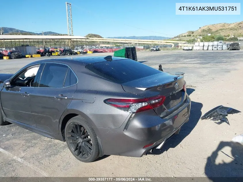 Auction sale of the 2021 Toyota Camry , vin: 4T1K61AK3MU531751, lot number: 39357177