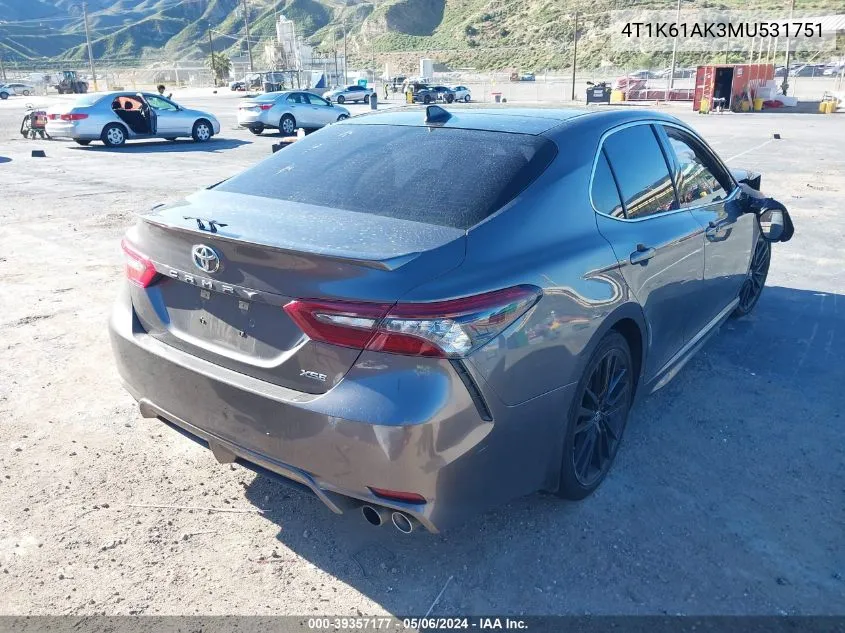 Auction sale of the 2021 Toyota Camry , vin: 4T1K61AK3MU531751, lot number: 39357177