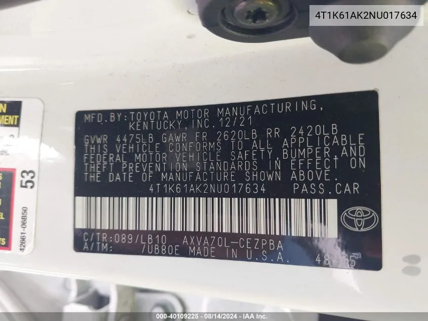 Auction sale of the 2022 Toyota Camry , vin: 4T1K61AK2NU017634, lot number: 40109225