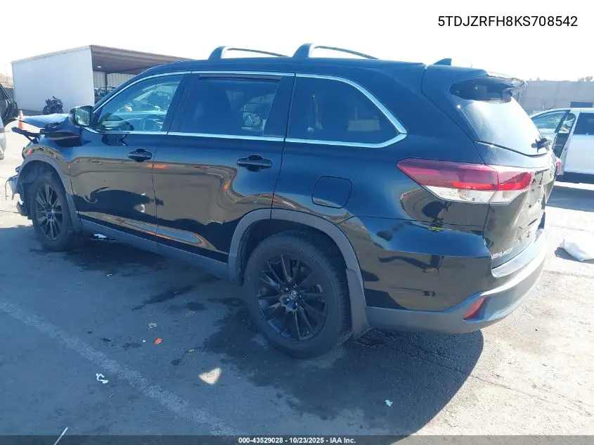 Auction sale of the 2019 Toyota Highlander , vin: 5TDJZRFH8KS708542, lot number: 43529028