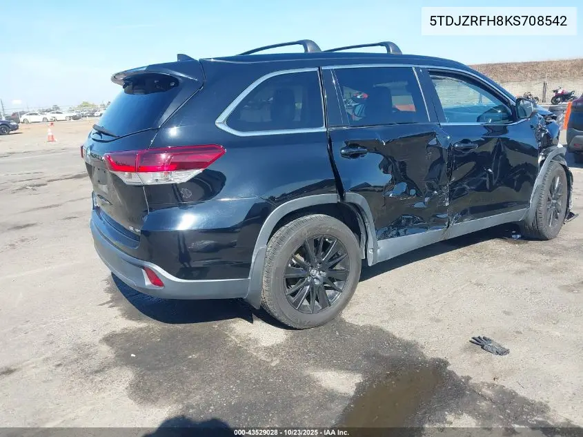 Auction sale of the 2019 Toyota Highlander , vin: 5TDJZRFH8KS708542, lot number: 43529028