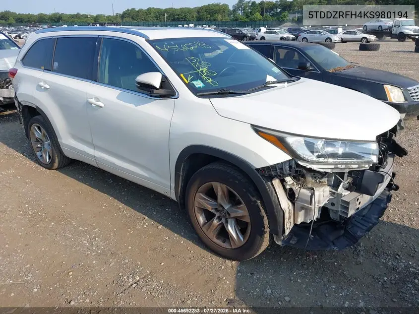 Auction sale of the 2019 Toyota Highlander , vin: 5TDDZRFH4KS980194, lot number: 45692283