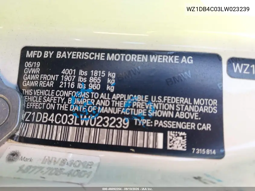 Auction sale of the 2020 Toyota Supra , vin: WZ1DB4C03LW023239, lot number: 46092254
