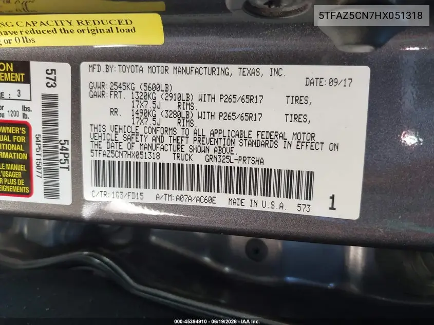 Auction sale of the 2017 Toyota Tacoma , vin: 5TFAZ5CN7HX051318, lot number: 45394910