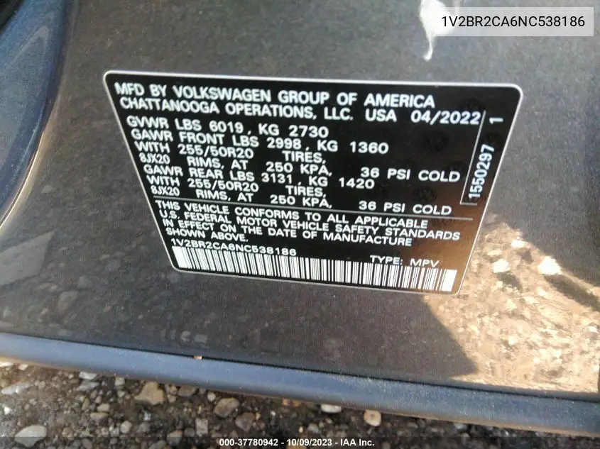 Auction sale of the 2022 Volkswagen Atlas , vin: 1V2BR2CA6NC538186, lot number: 37780942